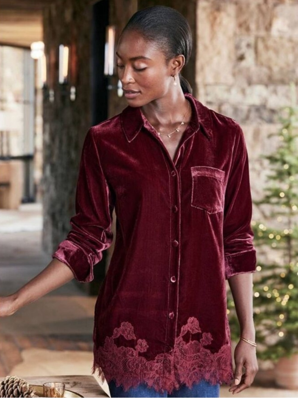 Soft Surroundings Eden Velvet & Lace Blouse in Cabernet size 3X